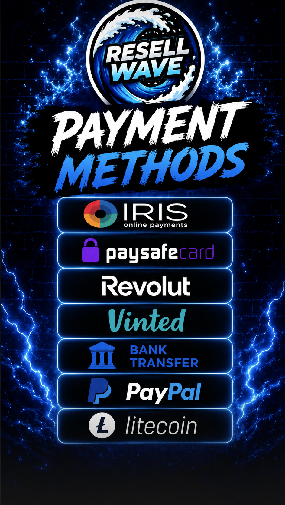 Resell Wave payment methods: IRIS, Paysafe, Revolut, Vinted, bank transfer, PayPal, Litecoin, and hand to hand